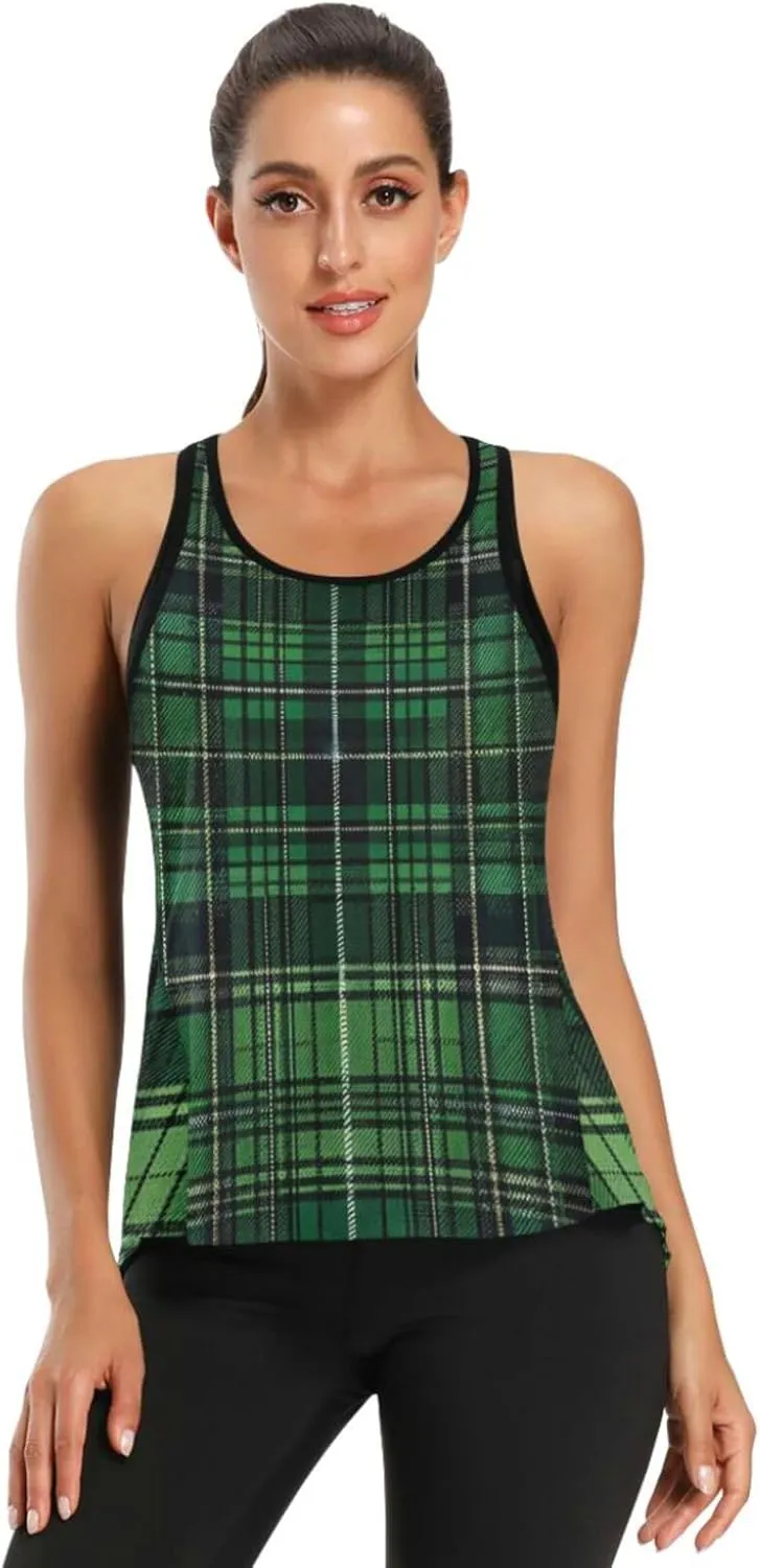 Women's Workout Tank Top Green-Black-Tartan Sleeveless Sport Gym Top Athletic Yoga Tank Top
