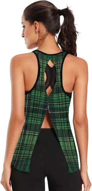 Women's Workout Tank Top Green-Black-Tartan Sleeveless Sport Gym Top Athletic Yoga Tank Top