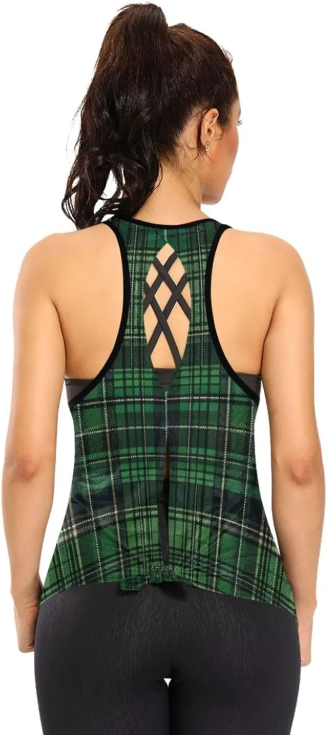 Women's Workout Tank Top Green-Black-Tartan Sleeveless Sport Gym Top Athletic Yoga Tank Top