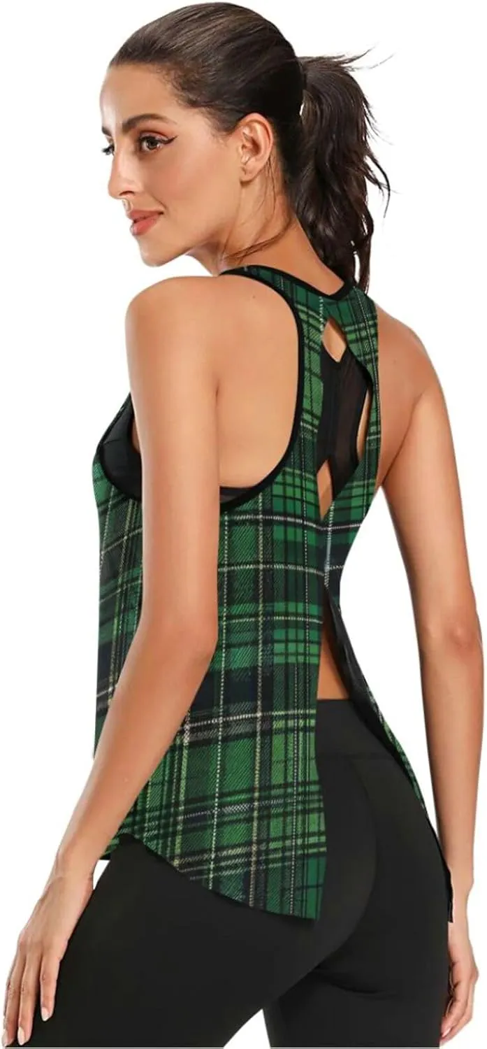 Women's Workout Tank Top Green-Black-Tartan Sleeveless Sport Gym Top Athletic Yoga Tank Top