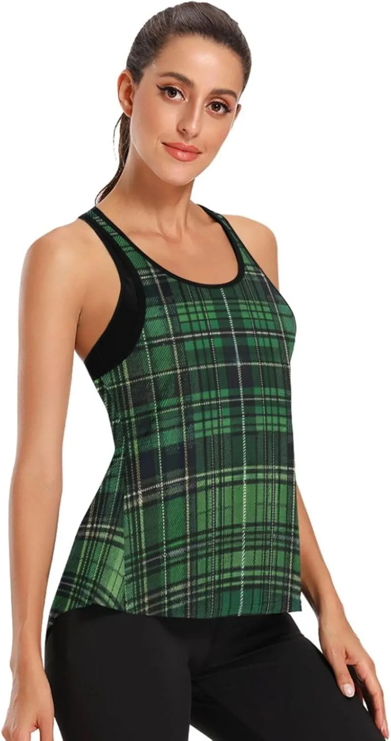 Women's Workout Tank Top Green-Black-Tartan Sleeveless Sport Gym Top Athletic Yoga Tank Top