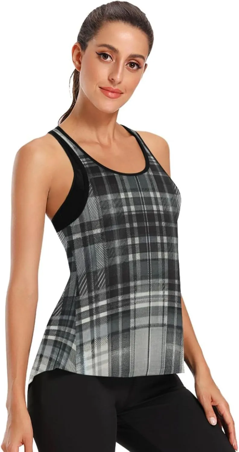 Women's Workout Tank Top Grey-Tartan Sleeveless Sport Gym Top Athletic Yoga Tank Top