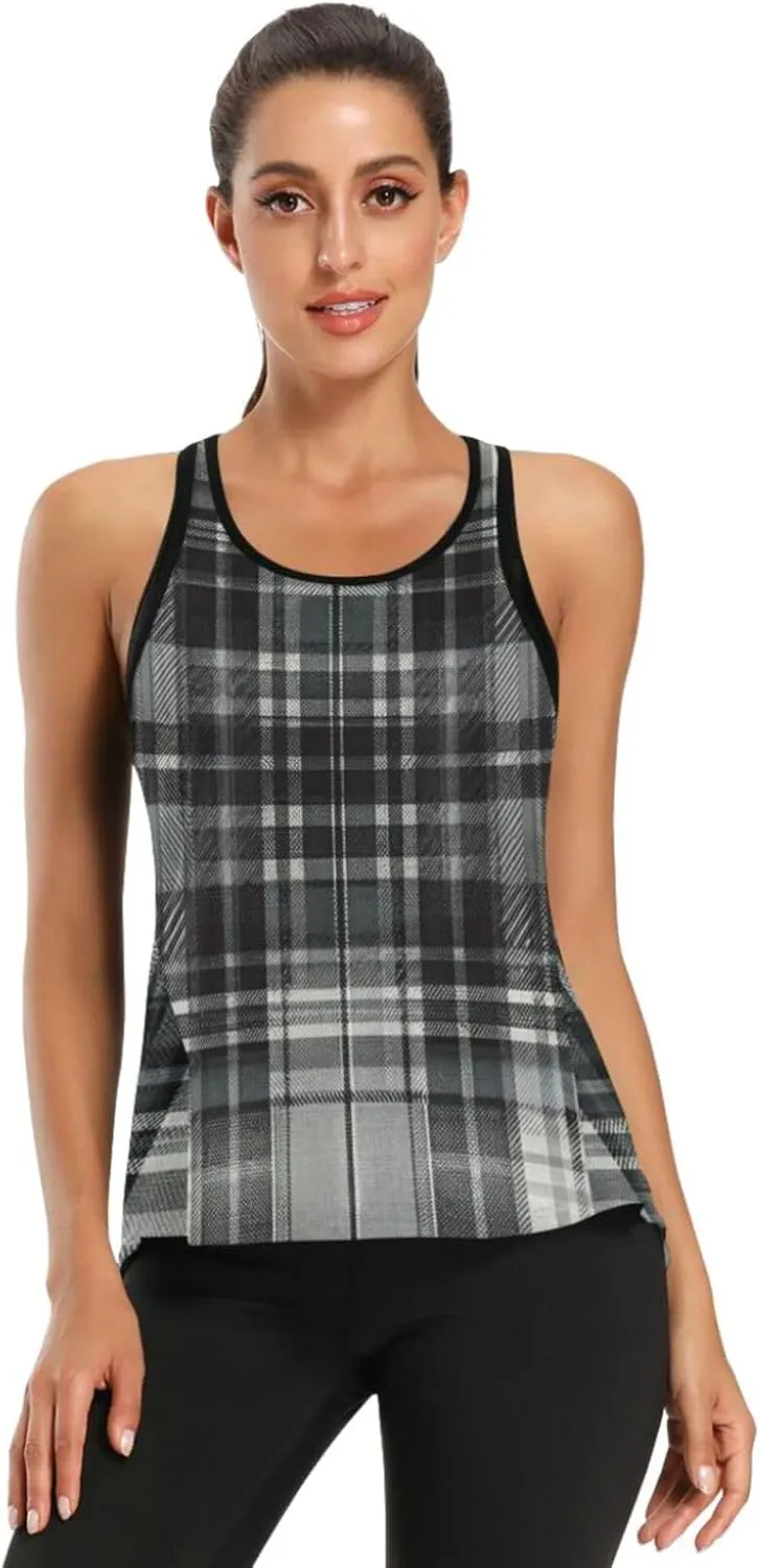 Women's Workout Tank Top Grey-Tartan Sleeveless Sport Gym Top Athletic Yoga Tank Top