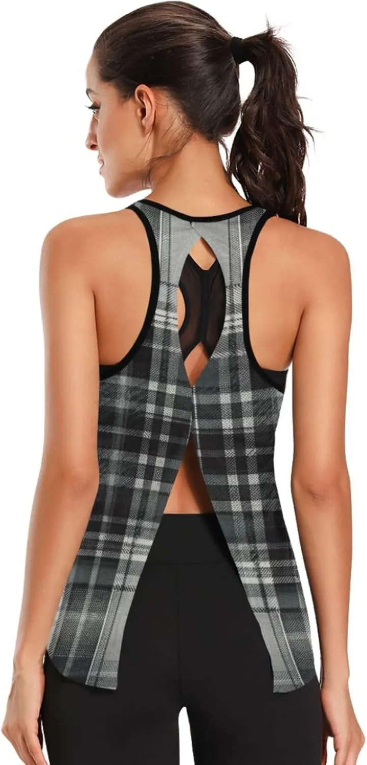 Women's Workout Tank Top Grey-Tartan Sleeveless Sport Gym Top Athletic Yoga Tank Top