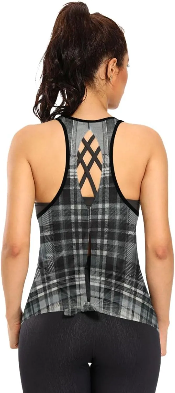 Women's Workout Tank Top Grey-Tartan Sleeveless Sport Gym Top Athletic Yoga Tank Top