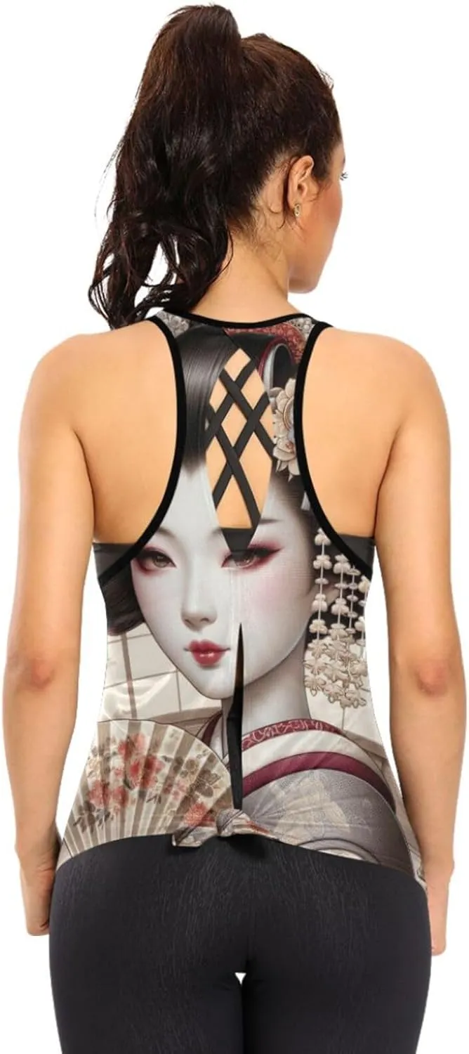 Women's Workout Tank Top Japanese-Geisha-Girl Sleeveless Sport Gym Top Athletic Yoga Tank Top