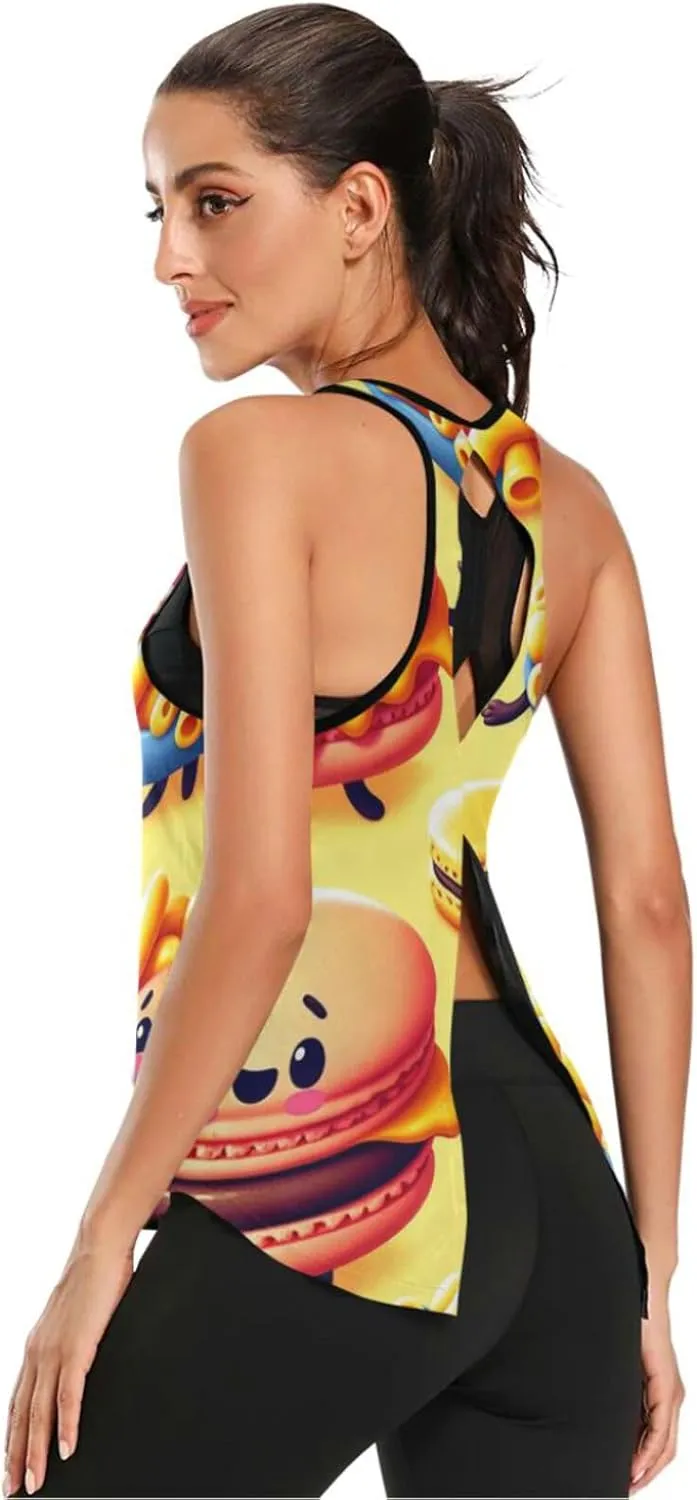 Women's Workout Tank Top Macaron-Cheese-Hamburger Sleeveless Sport Gym Top Athletic Yoga Tank Top