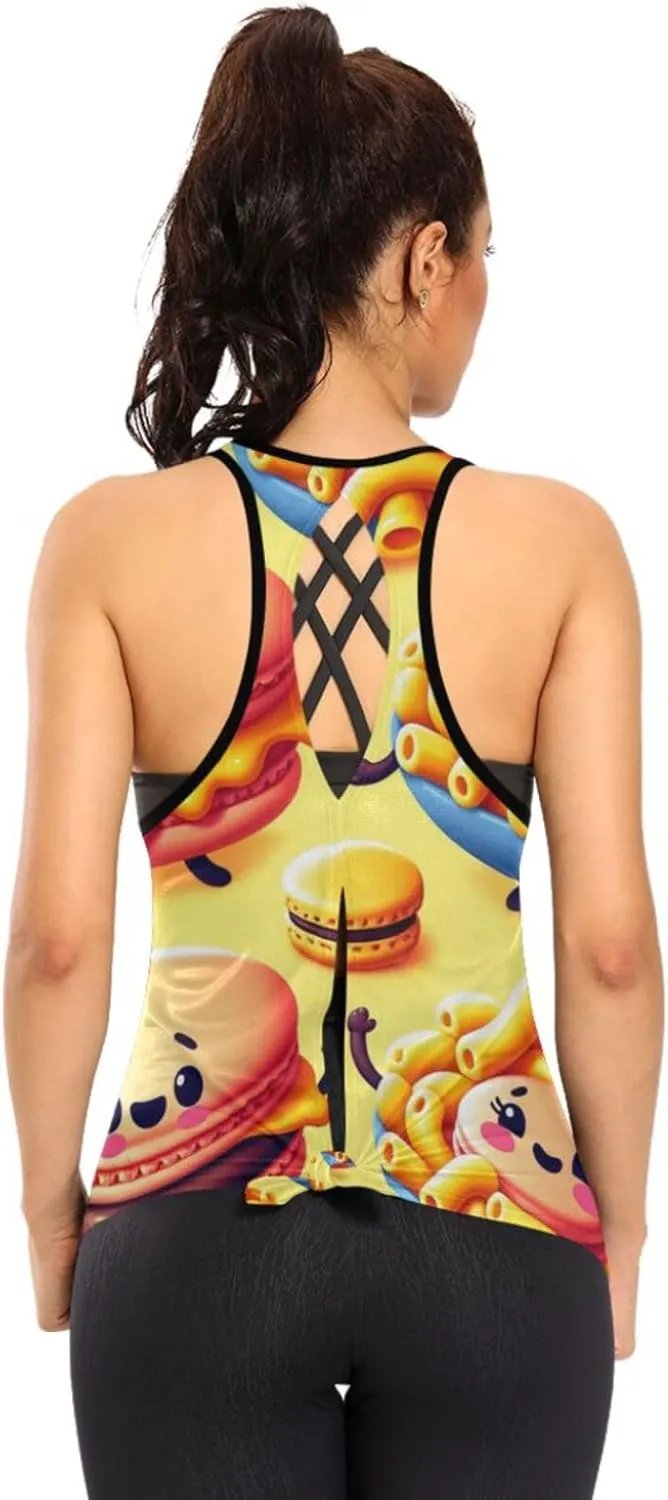 Women's Workout Tank Top Macaron-Cheese-Hamburger Sleeveless Sport Gym Top Athletic Yoga Tank Top
