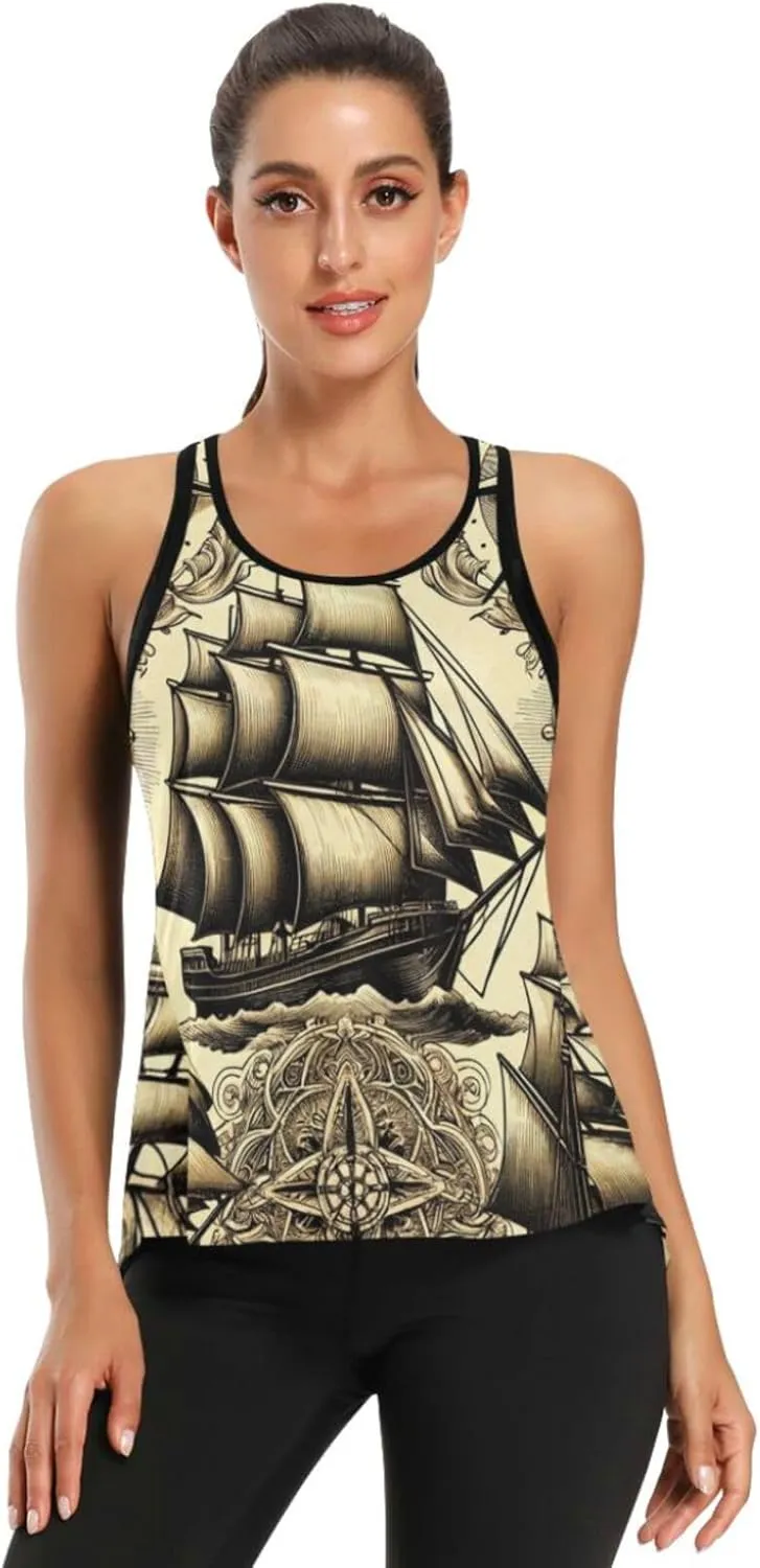 Women's Workout Tank Top Sailboats-Ship-Wheels Sleeveless Sport Gym Top Athletic Yoga Tank Top