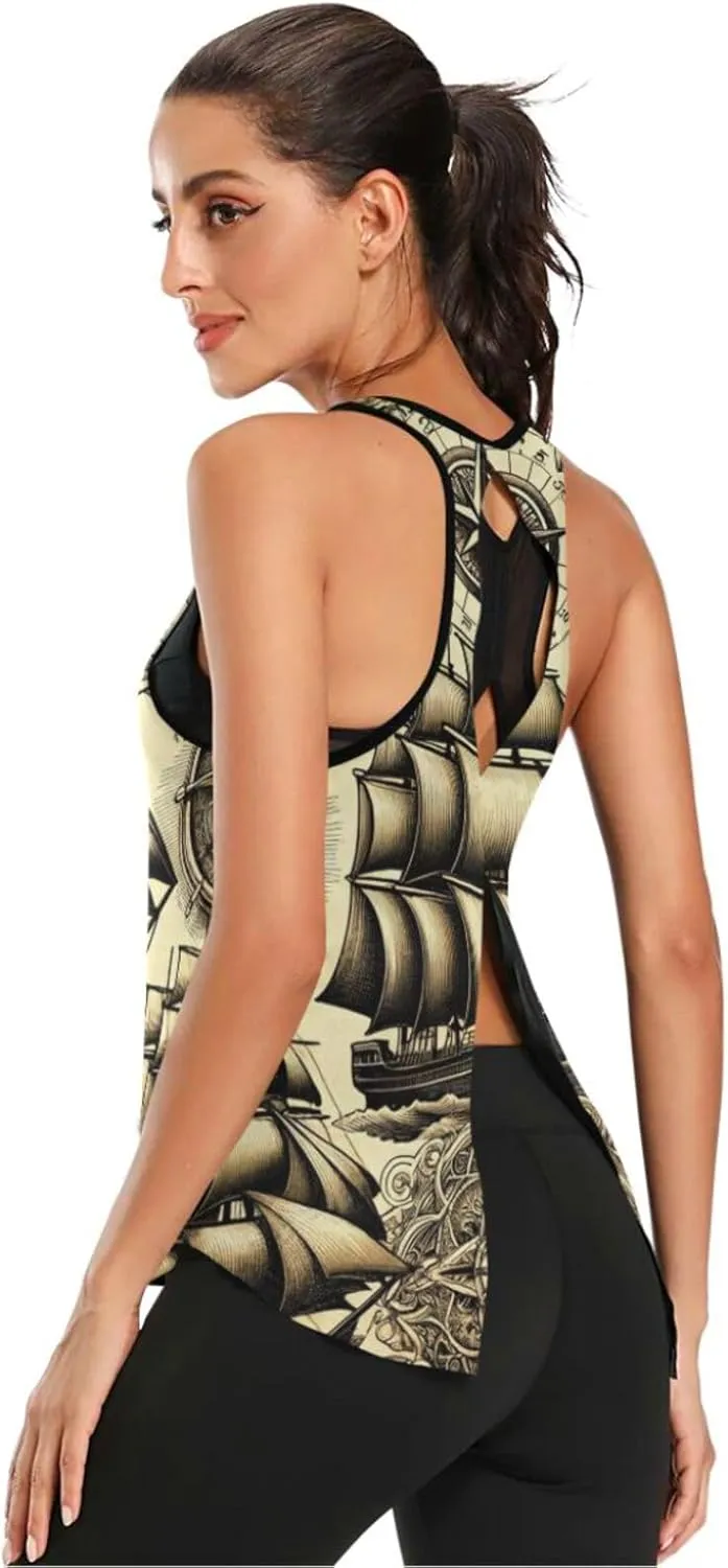 Women's Workout Tank Top Sailboats-Ship-Wheels Sleeveless Sport Gym Top Athletic Yoga Tank Top