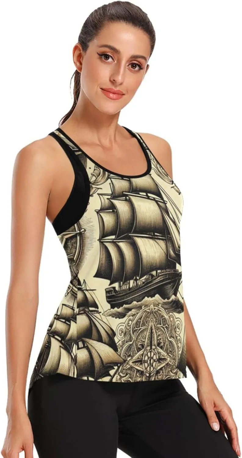 Women's Workout Tank Top Sailboats-Ship-Wheels Sleeveless Sport Gym Top Athletic Yoga Tank Top