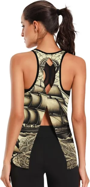 Women's Workout Tank Top Sailboats-Ship-Wheels Sleeveless Sport Gym Top Athletic Yoga Tank Top