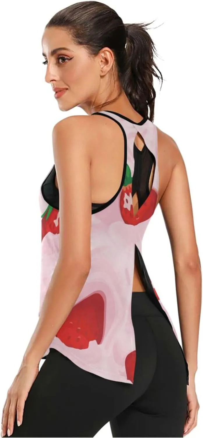 Women's Workout Tank Top Strawberry-Milkshake-Vegan Sleeveless Sport Gym Top Athletic Yoga Tank Top