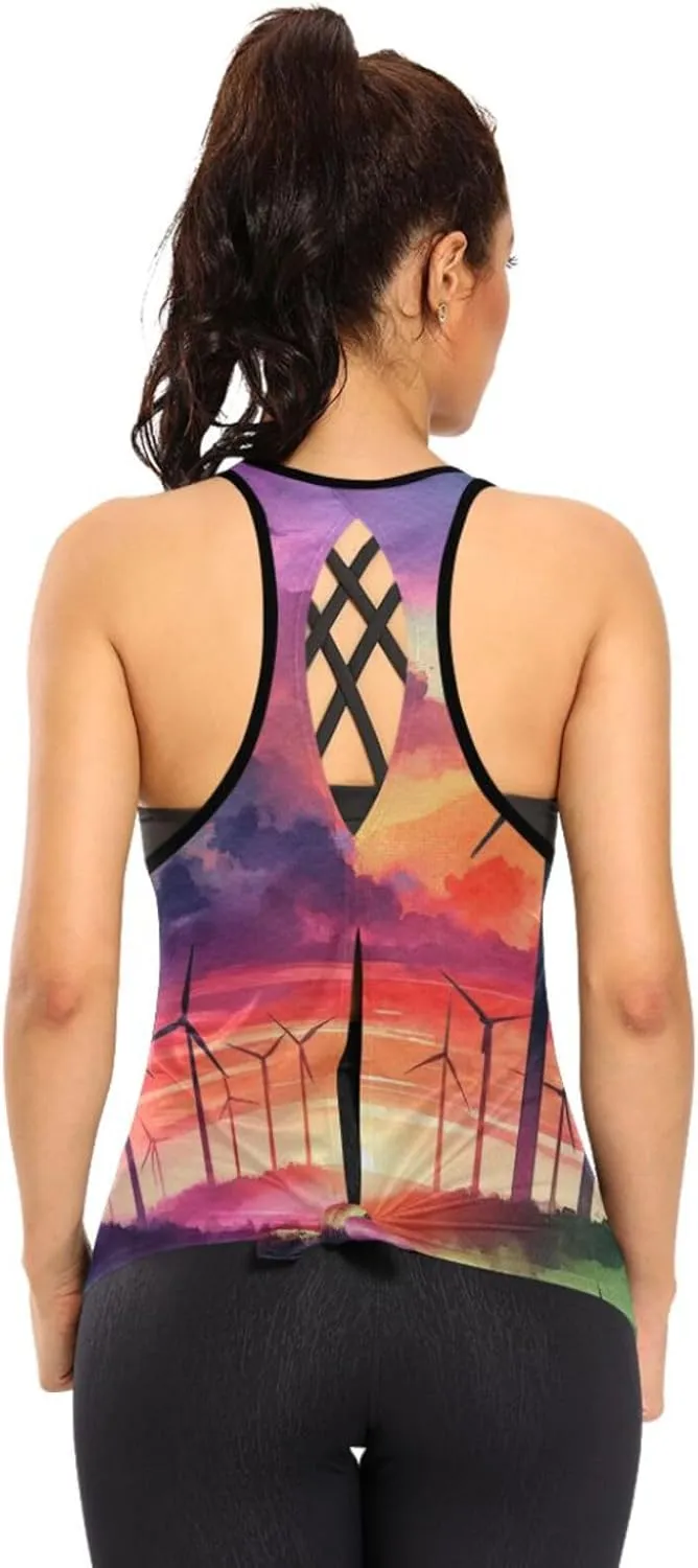 Women's Workout Tank Top Watercolor-Wind-turbines Sleeveless Sport Gym Top Athletic Yoga Tank Top