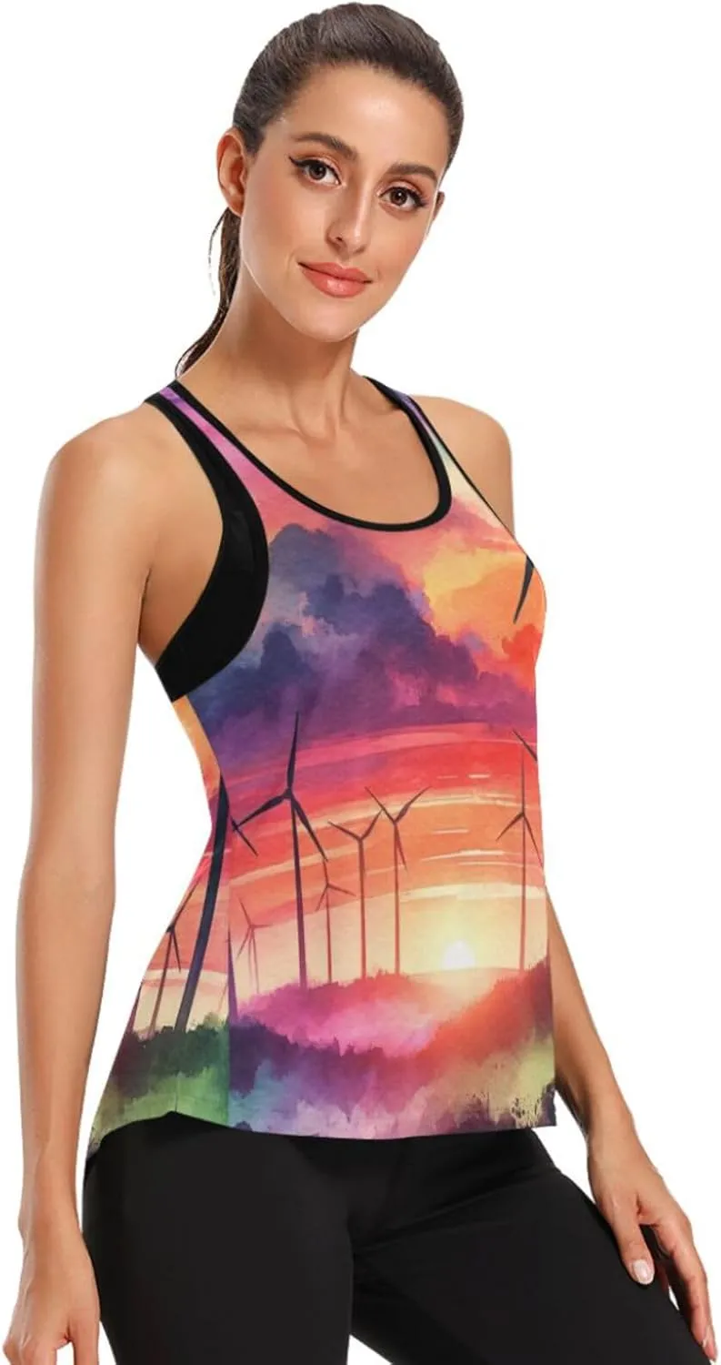 Women's Workout Tank Top Watercolor-Wind-turbines Sleeveless Sport Gym Top Athletic Yoga Tank Top