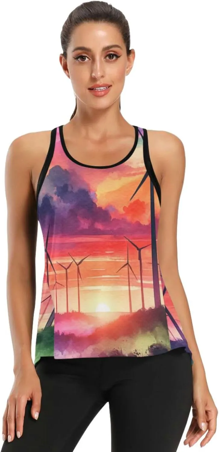 Women's Workout Tank Top Watercolor-Wind-turbines Sleeveless Sport Gym Top Athletic Yoga Tank Top