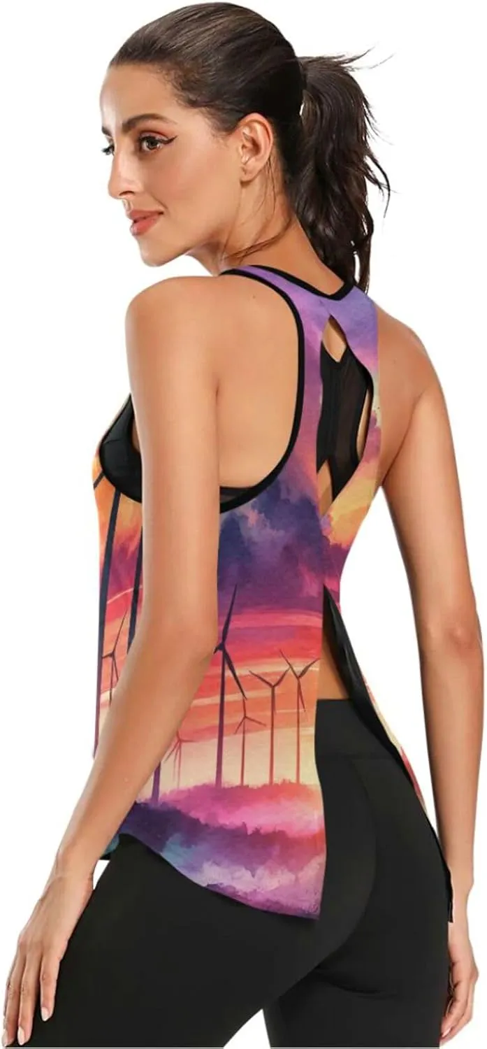 Women's Workout Tank Top Watercolor-Wind-turbines Sleeveless Sport Gym Top Athletic Yoga Tank Top