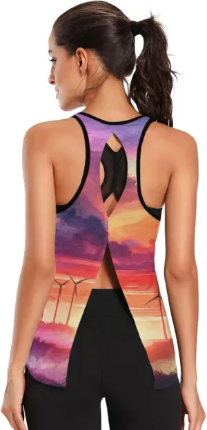 Women's Workout Tank Top Watercolor-Wind-turbines Sleeveless Sport Gym Top Athletic Yoga Tank Top