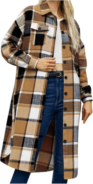 XUNRYAN Women's Trench Coat Long Wool-Blend Plaid Shacket Jackets Blazer Casual Overcoat Outerwear Fashion Clothes Outfit