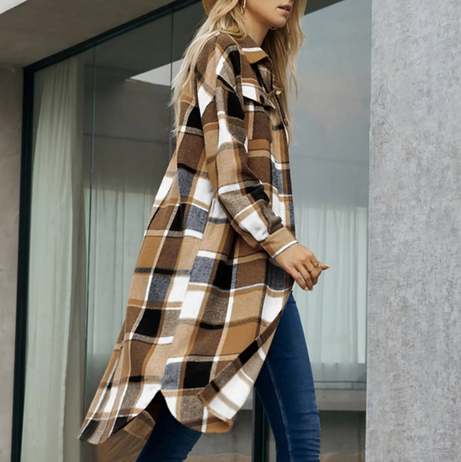 XUNRYAN Women's Trench Coat Long Wool-Blend Plaid Shacket Jackets Blazer Casual Overcoat Outerwear Fashion Clothes Outfit