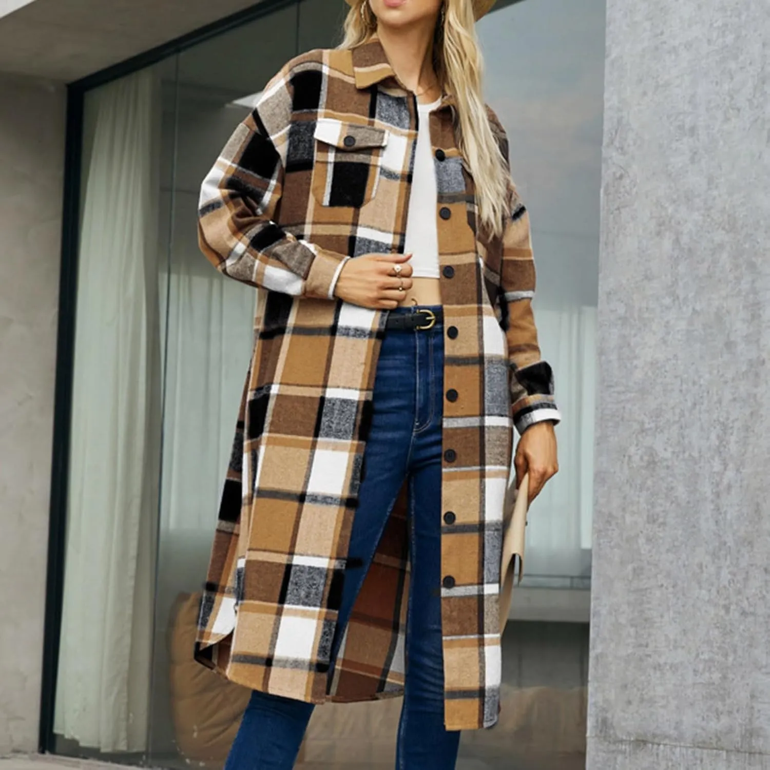 XUNRYAN Women's Trench Coat Long Wool-Blend Plaid Shacket Jackets Blazer Casual Overcoat Outerwear Fashion Clothes Outfit