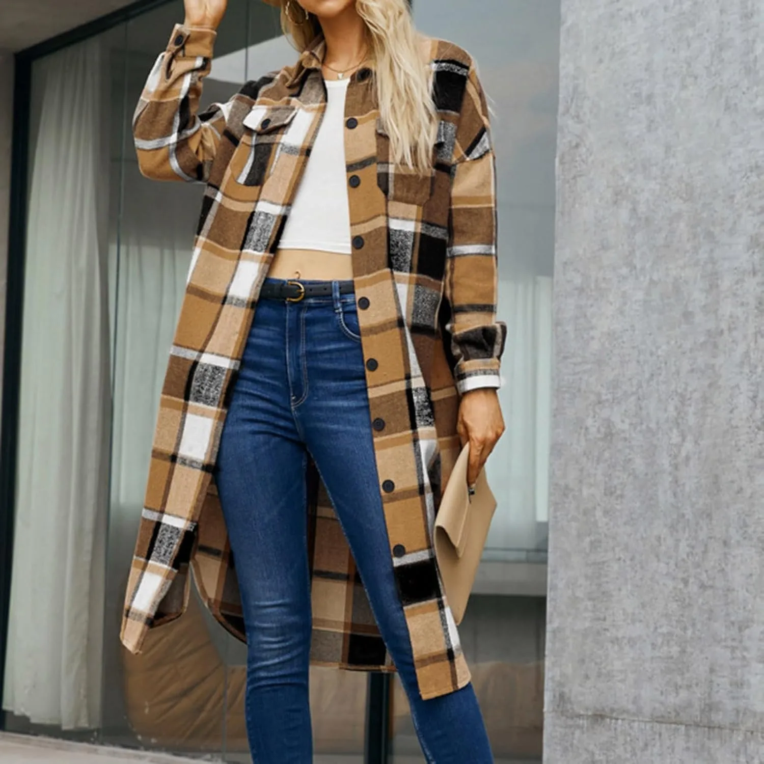 XUNRYAN Women's Trench Coat Long Wool-Blend Plaid Shacket Jackets Blazer Casual Overcoat Outerwear Fashion Clothes Outfit