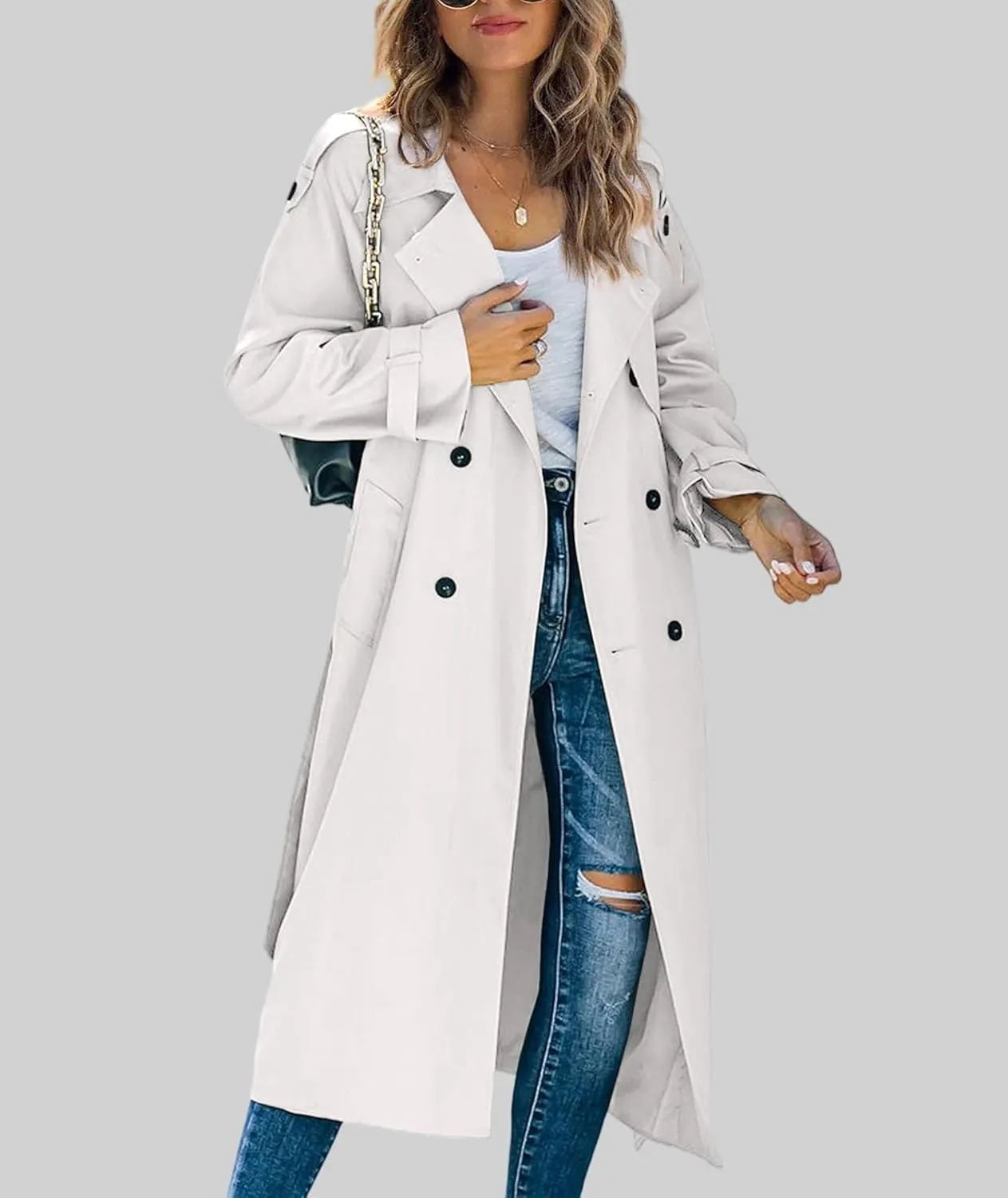 xxxiticat Women's Double Breasted Trench Coat Long Sleeve Turn Down Collar Windproof Belted Overcoat Lapel Long Jacket