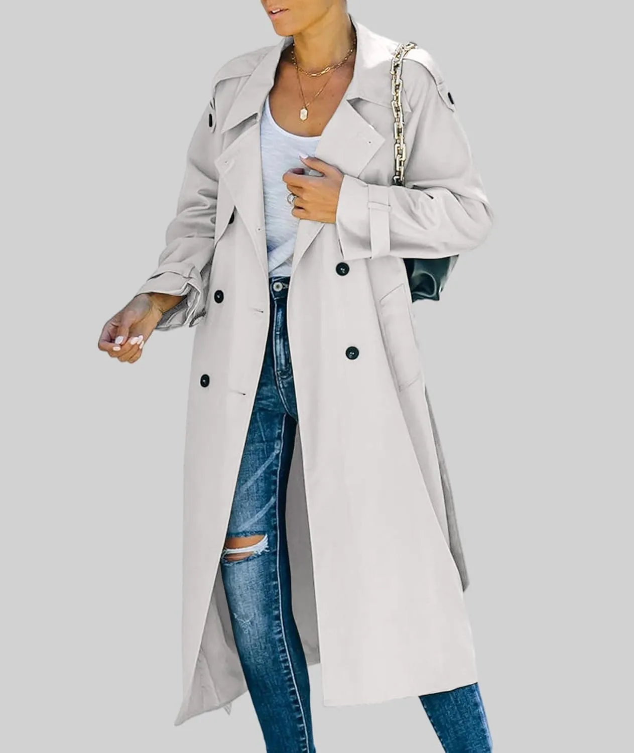 xxxiticat Women's Double Breasted Trench Coat Long Sleeve Turn Down Collar Windproof Belted Overcoat Lapel Long Jacket