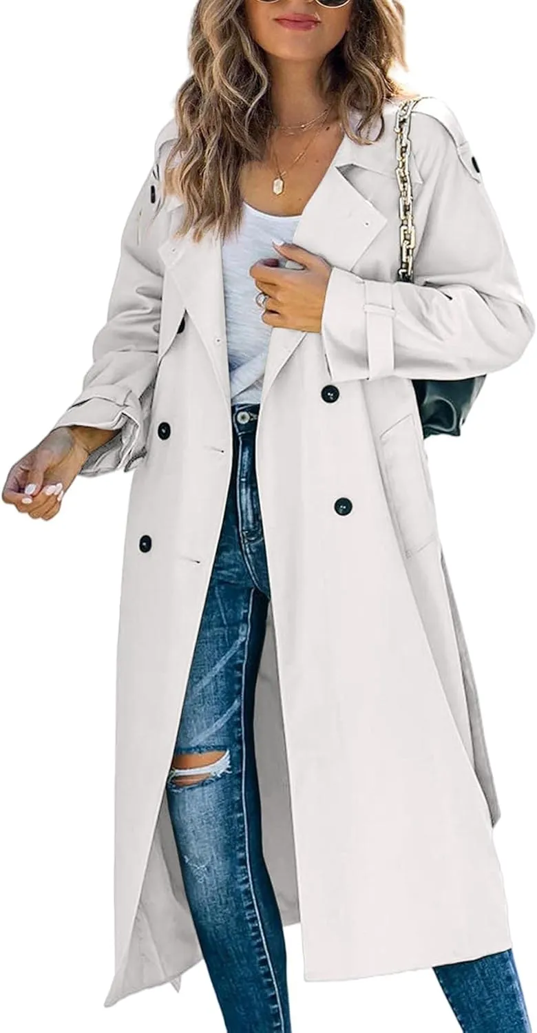 xxxiticat Women's Double Breasted Trench Coat Long Sleeve Turn Down Collar Windproof Belted Overcoat Lapel Long Jacket