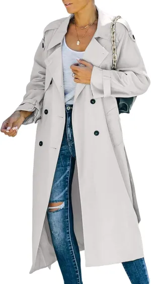 xxxiticat Women's Double Breasted Trench Coat Long Sleeve Turn Down Collar Windproof Belted Overcoat Lapel Long Jacket