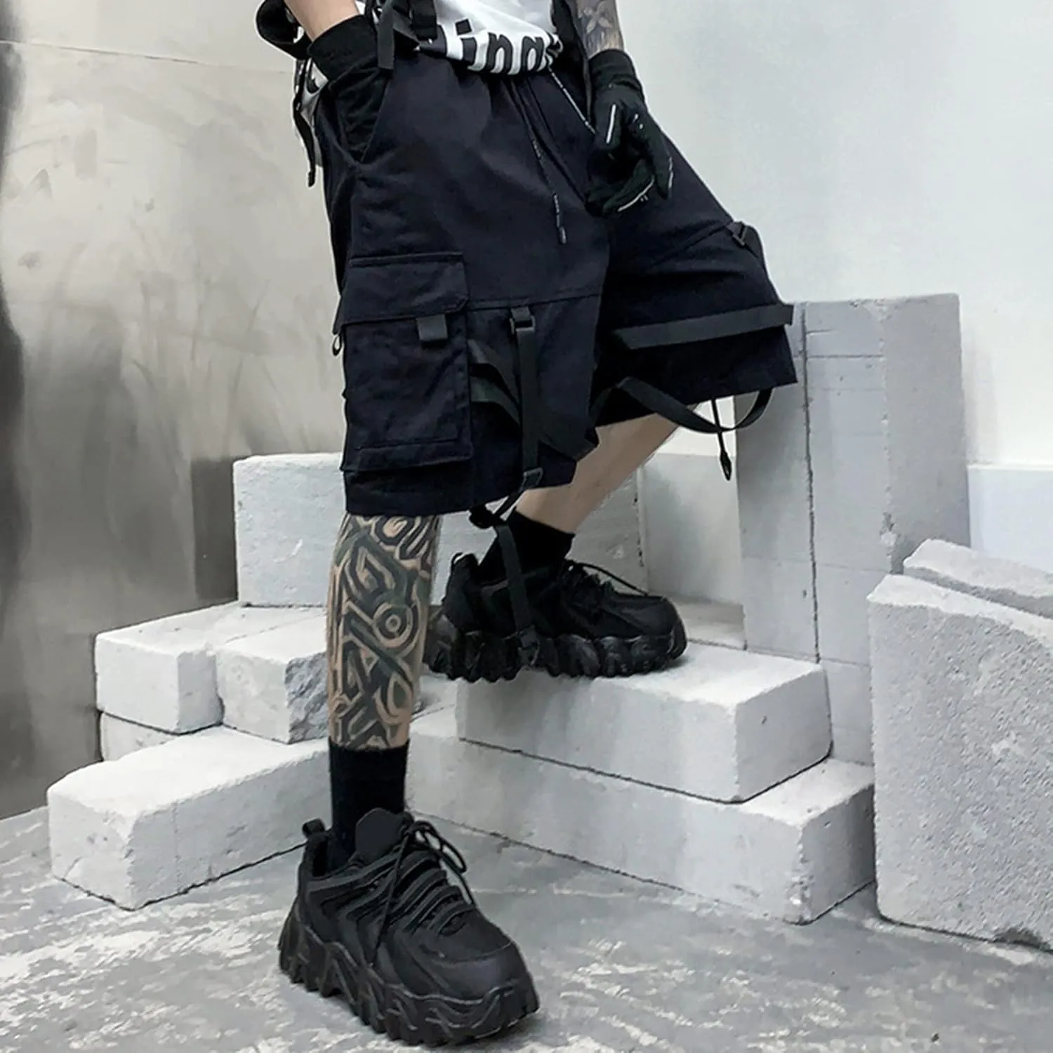 XYXIONGMAO Men's Streetwear Black Techwear Pants Gothic Cargo Tactical Shorts Joggers Hip Hop Overalls for Men