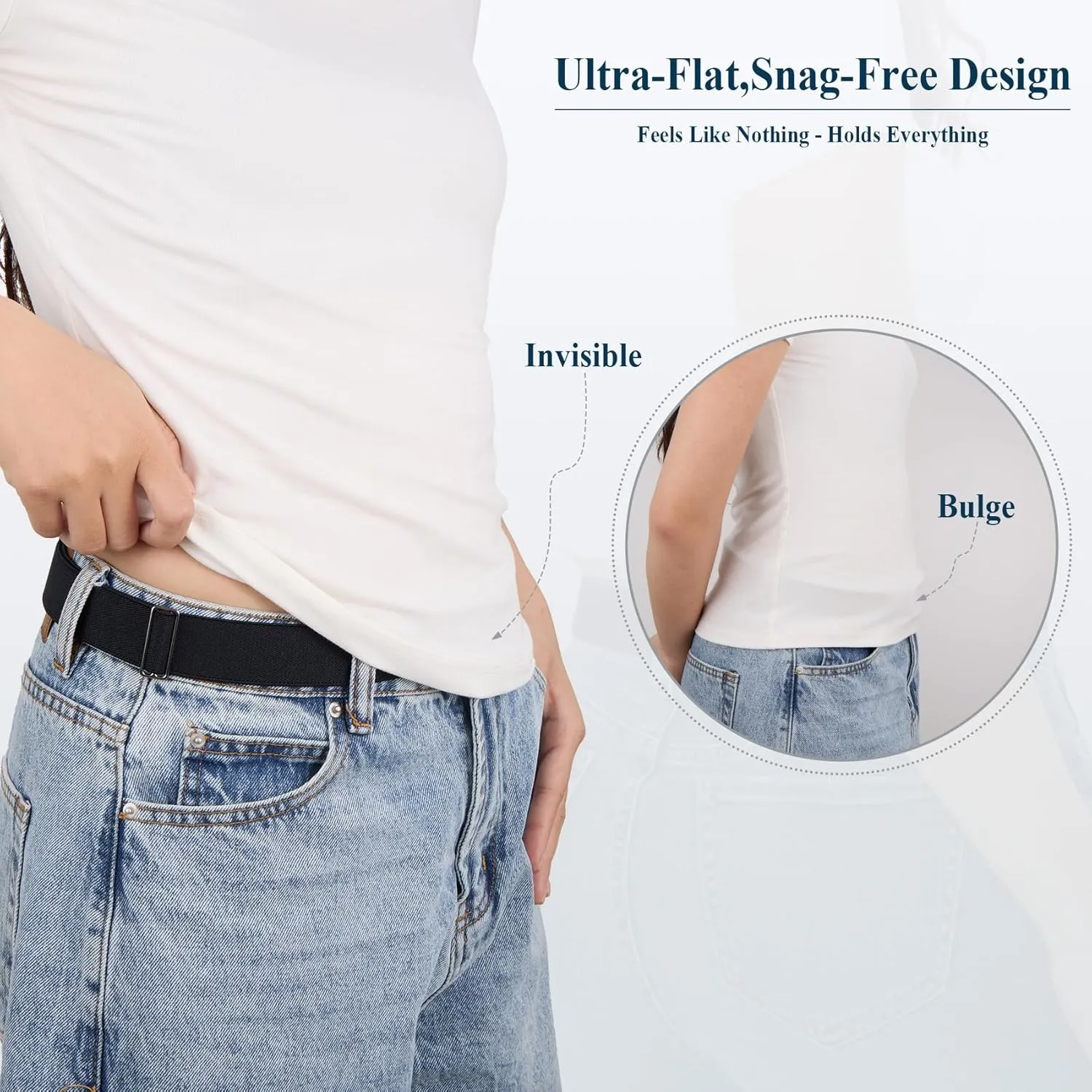 XZQTIVE No Show Invisible Elastic Belt for Women & Men, Adjuatable Stretch Belt with Flat Buckle for Jeans Pants Dreses
