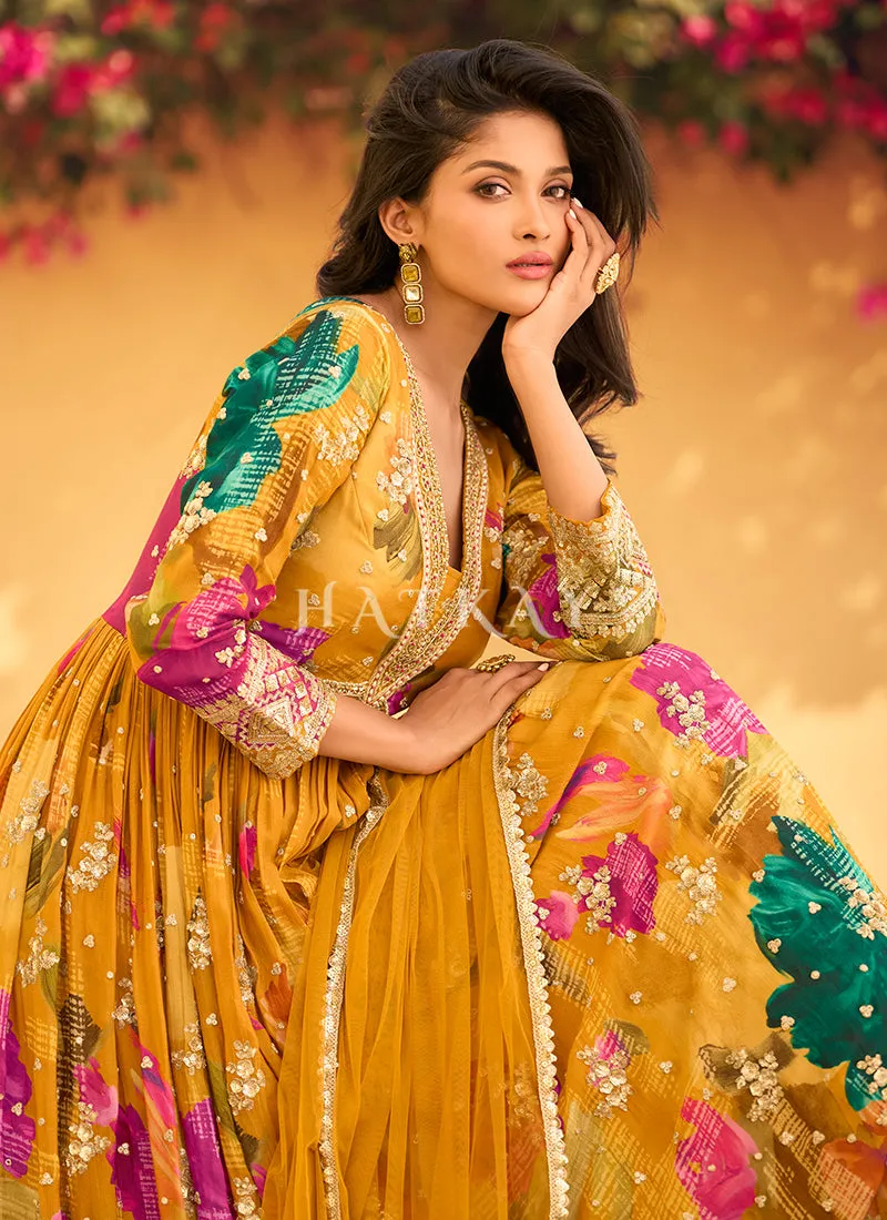 Yellow Embroidered Floral Anarkali Dress