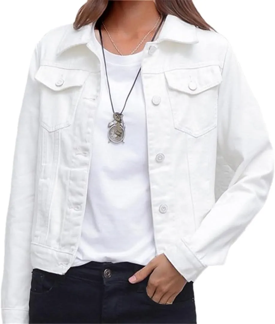 Yeuyyben Women's Denim Jacket Spring And Autumn Casual Short Denim Jacket Women's Solid Color Jacket