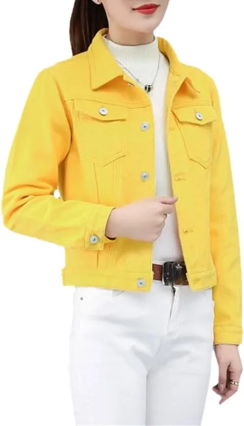 Yeuyyben Women's Denim Jacket Spring And Autumn Casual Short Denim Jacket Women's Solid Color Jacket