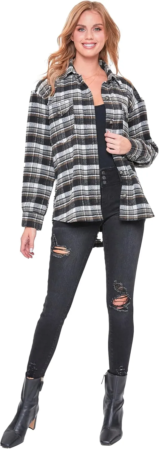 YMI Women's Junior Full Length Plaid Shacket