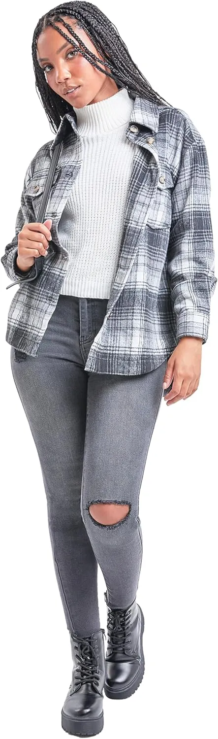 YMI Women's Junior Full Length Plaid Shacket