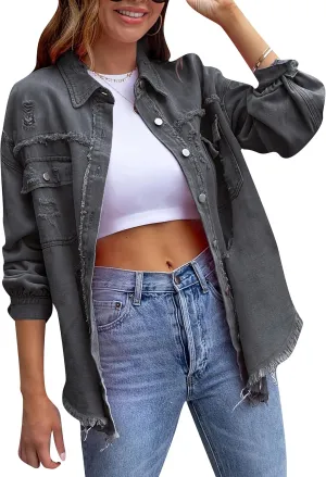 YMING Women's Oversized Denim Jacket Boyfriend Distressed Jean Jacket Autumn Casual Ripped Coats