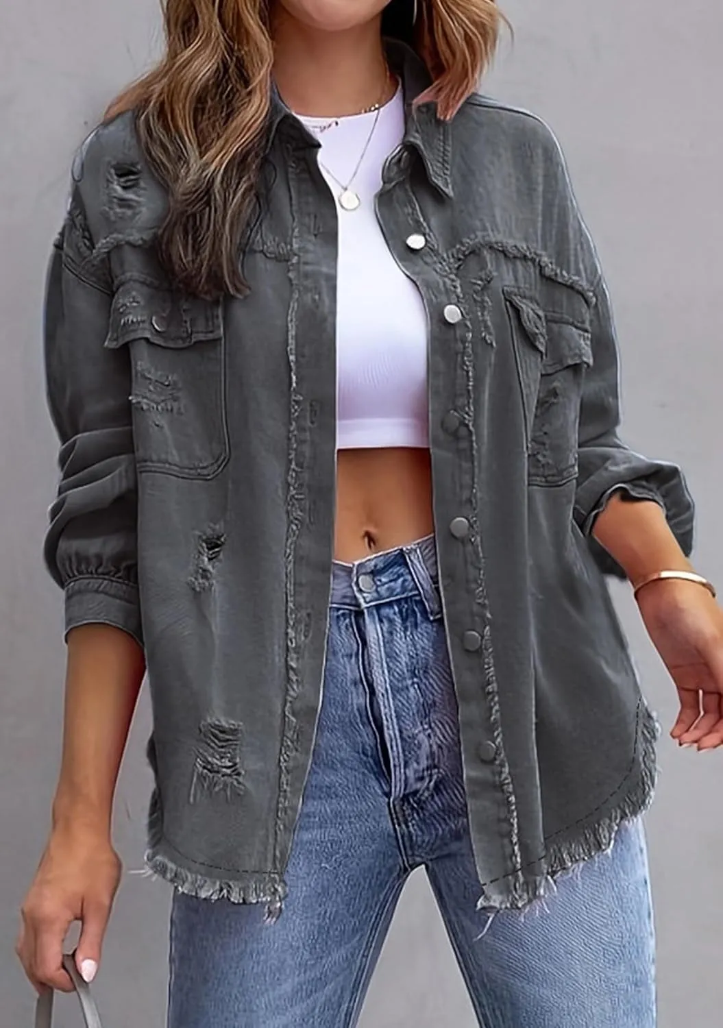 YMING Women's Oversized Denim Jacket Boyfriend Distressed Jean Jacket Autumn Casual Ripped Coats