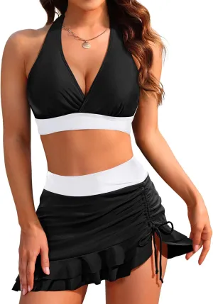 Yonique Womens High Waisted Bikini with Skirt Two Piece Swimsuit with Tummy Control Halter Bathing Suit