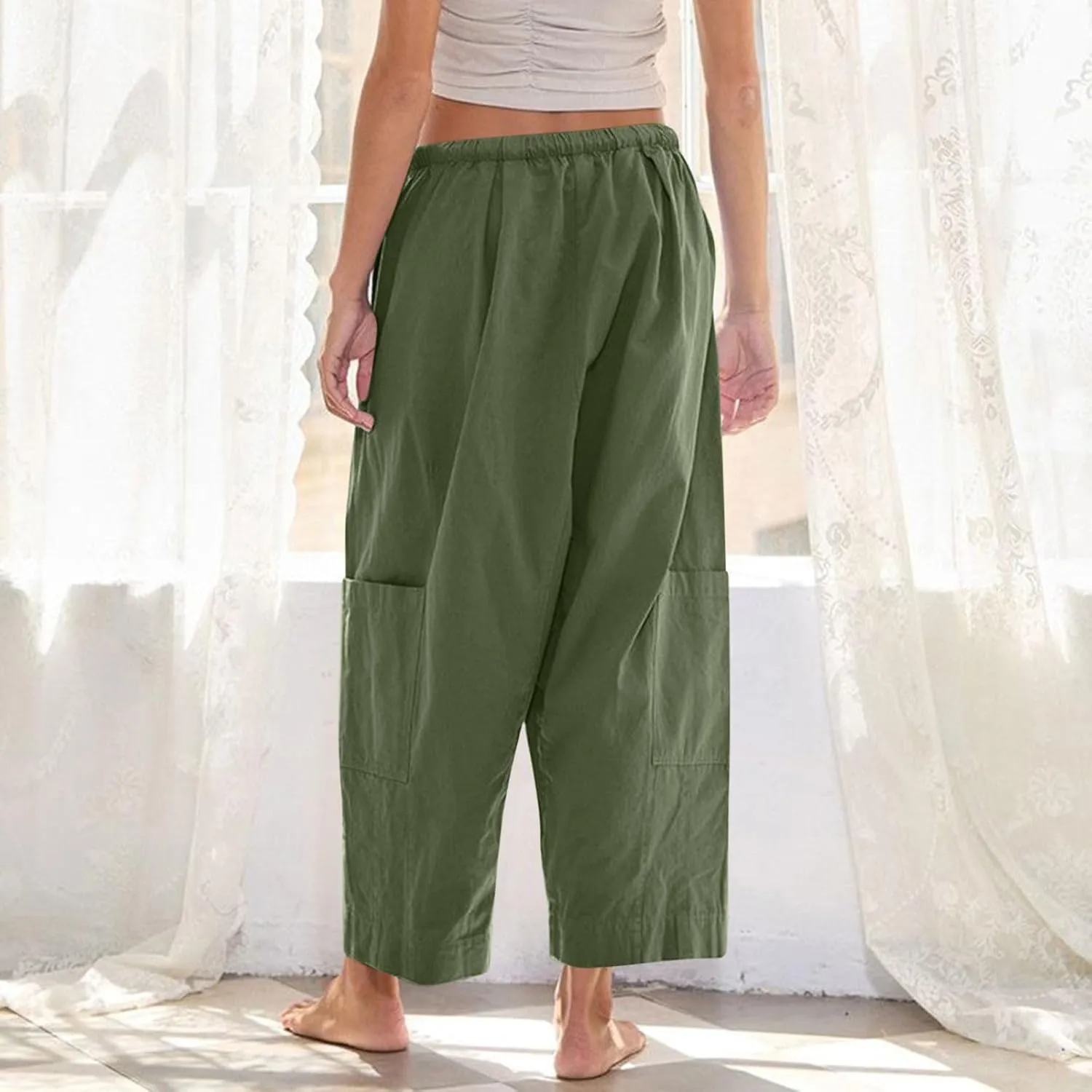 YRAETENM Womens Baggy Linen Pants Summer Casual Loose Elastic Waist Lounge Trousers Beach Palazzo Harem Pants with Pockets