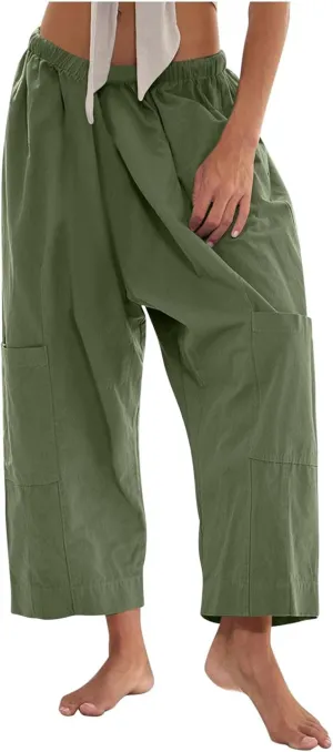 YRAETENM Womens Baggy Linen Pants Summer Casual Loose Elastic Waist Lounge Trousers Beach Palazzo Harem Pants with Pockets