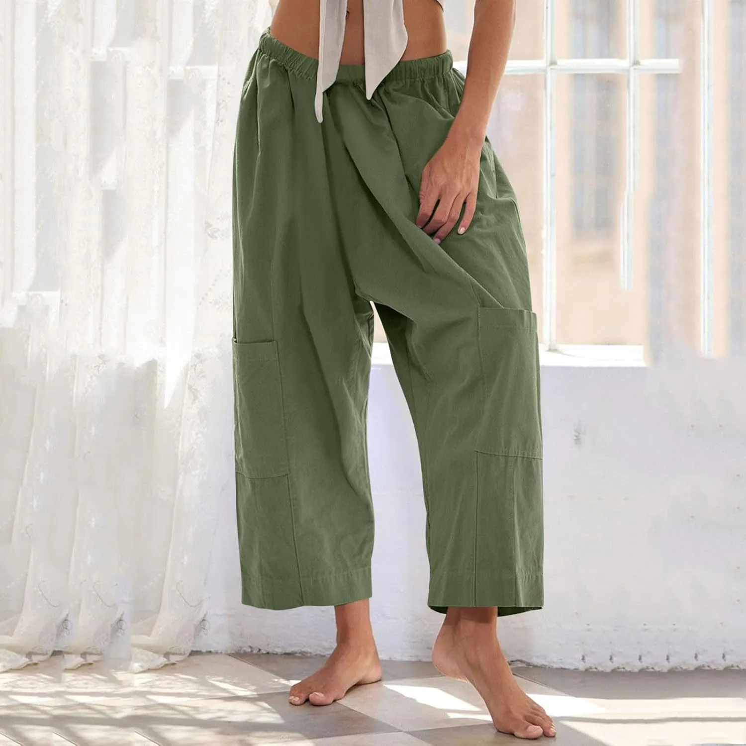 YRAETENM Womens Baggy Linen Pants Summer Casual Loose Elastic Waist Lounge Trousers Beach Palazzo Harem Pants with Pockets