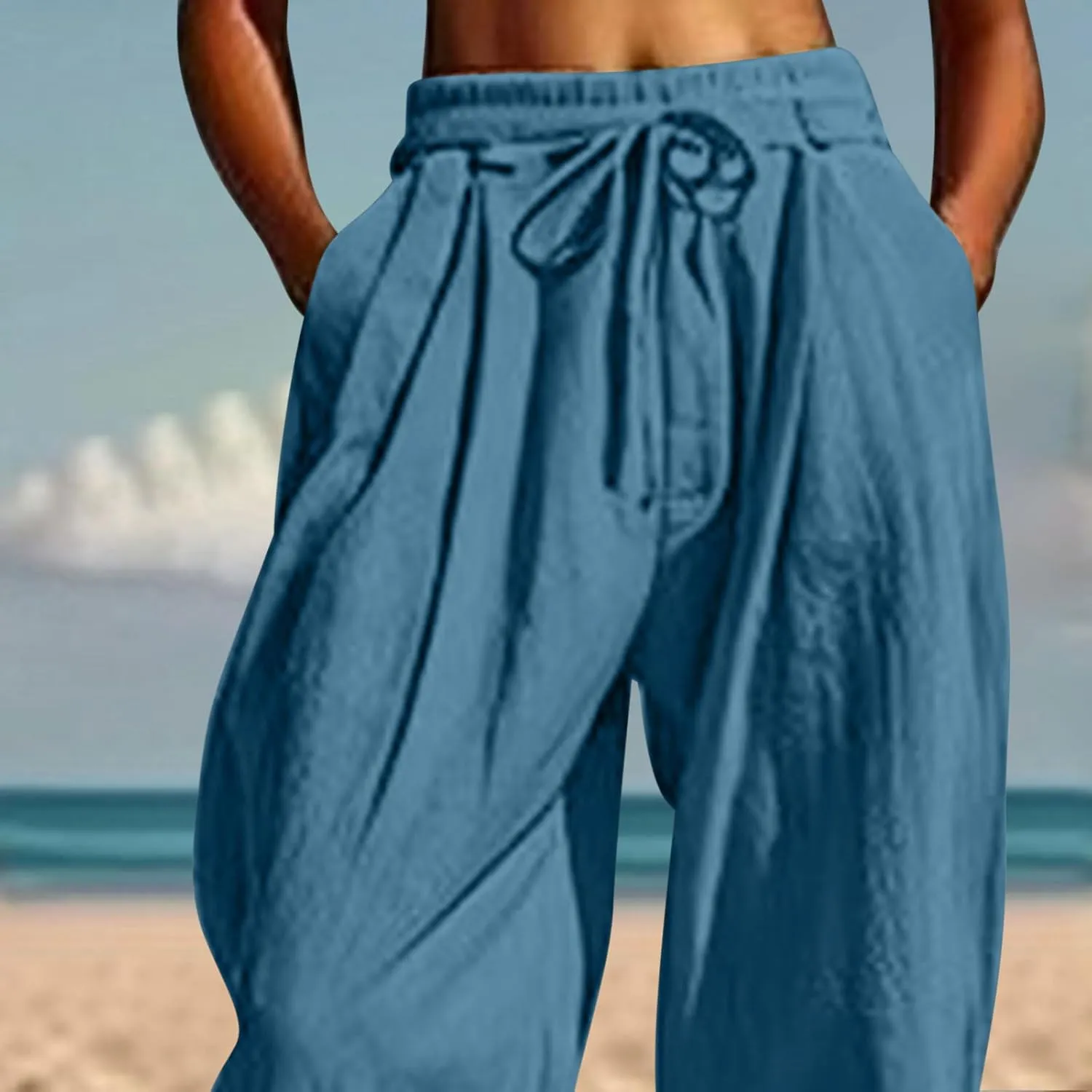 YRAETENM Womens Linen Pants Cotton Baggy Palazzo Harem Pants Drawstring Elastic Waist Beach Yoga Trousers Casual Lounge Pants