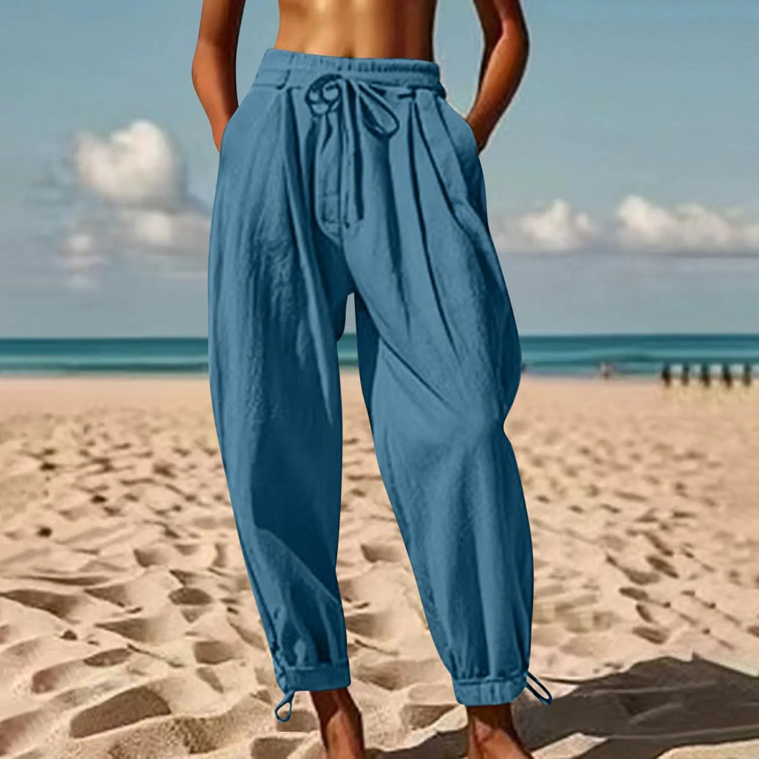 YRAETENM Womens Linen Pants Cotton Baggy Palazzo Harem Pants Drawstring Elastic Waist Beach Yoga Trousers Casual Lounge Pants