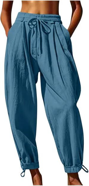 YRAETENM Womens Linen Pants Cotton Baggy Palazzo Harem Pants Drawstring Elastic Waist Beach Yoga Trousers Casual Lounge Pants