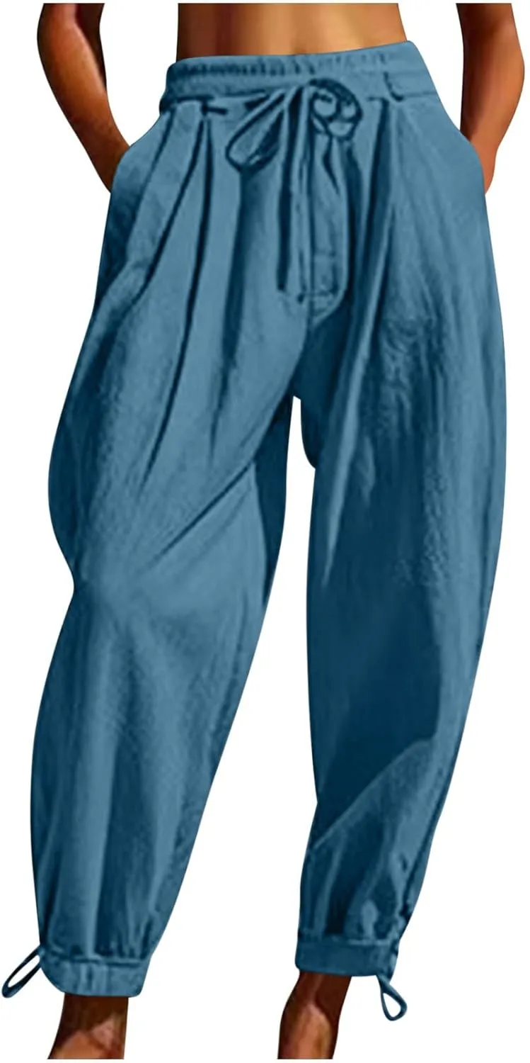 YRAETENM Womens Linen Pants Cotton Baggy Palazzo Harem Pants Drawstring Elastic Waist Beach Yoga Trousers Casual Lounge Pants