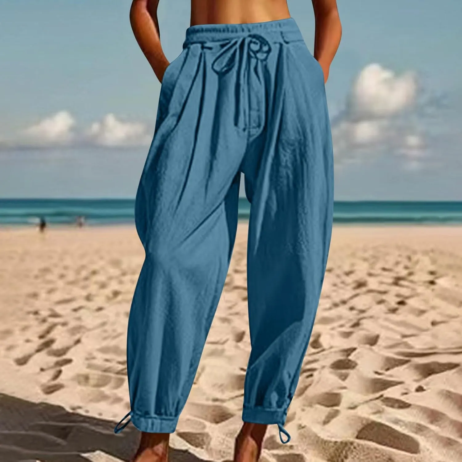 YRAETENM Womens Linen Pants Cotton Baggy Palazzo Harem Pants Drawstring Elastic Waist Beach Yoga Trousers Casual Lounge Pants
