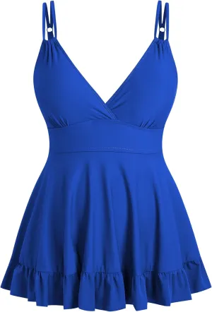 ZAFUL Plus Size Tankini Tops for Women Double Shoulder Strap Swimsuit Tops V Neck Skrited Bathing Suit Top Only