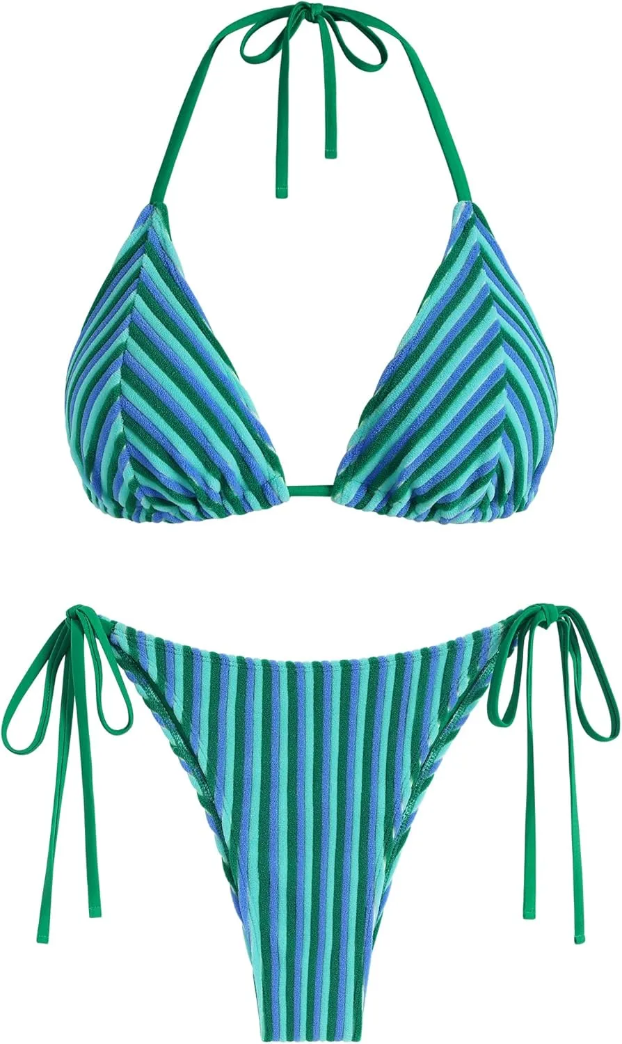 ZAFUL Women's Colorful Stripes Halter Flocking Textured Triangle Tie Side String Bikini Set High Cut Two Piece Bathing Suit